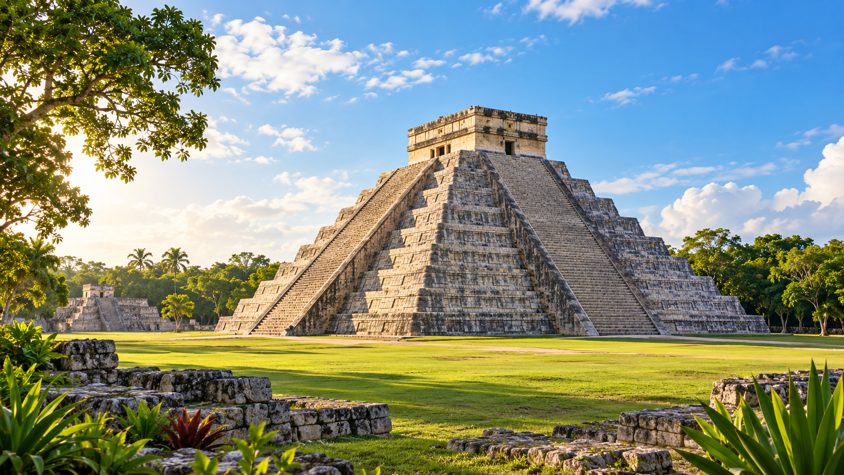 El Castillo pyramid at Chichen Itza framed by tropical trees under vivid blue sky, Mexico — Seven Wonders tour