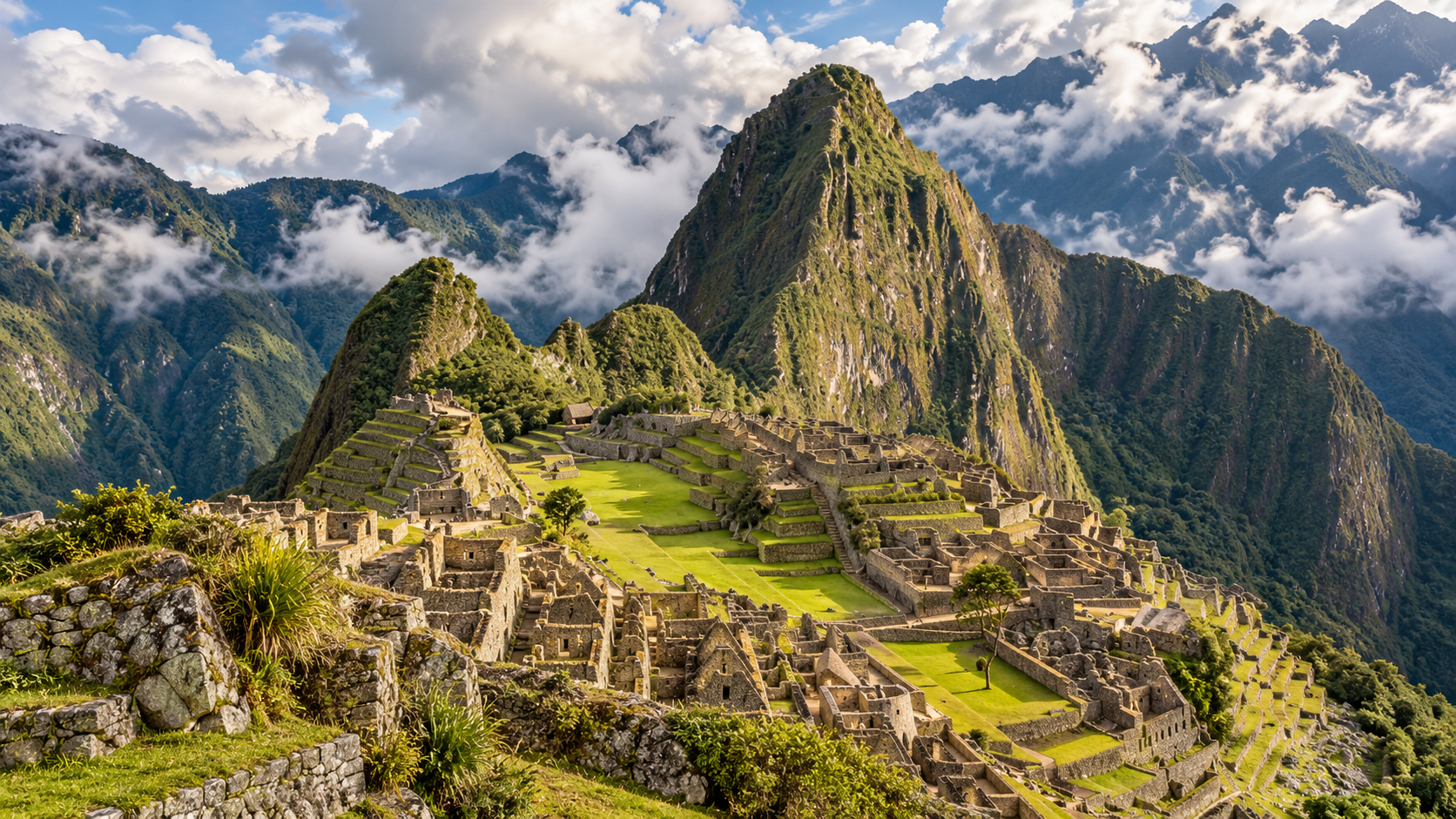 Panoramic view of Machu Picchu Inca citadel with Huayna Picchu peak and cloud-wrapped Andes, Peru — family adventure holiday