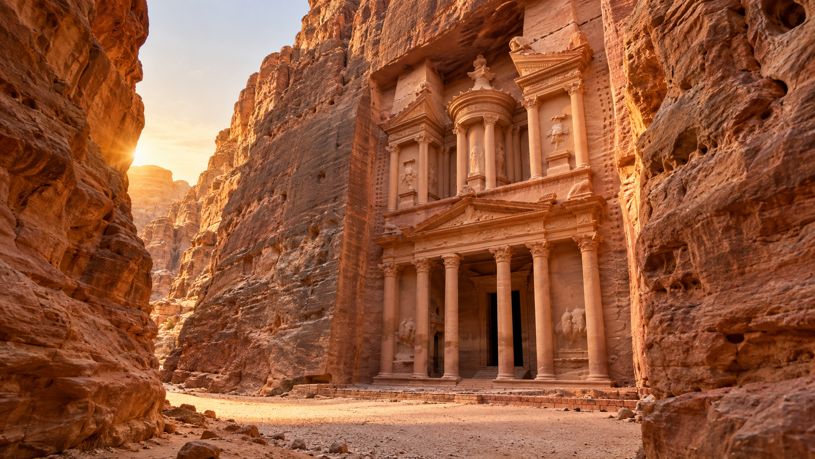 Golden-hour view of the Treasury façade carved into rose-red cliffs at Petra, Jordan — luxury family travel